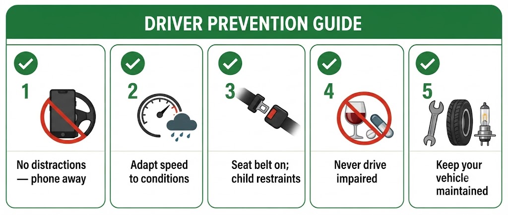 A five-row vertical icon checklist card. Row 1: a phone with a crossed-out steering wheel - "No distractions: put the phone down". Row 2: a speedometer with a rain cloud - "Adapt speed to conditions". Row 3: a seat belt buckle icon - "Wear seat belt; use child restraints". Row 4: an alcohol glass and pill crossed out - "Never drive impaired". Row 5: a spanner/tyre/light bulb - "Keep vehicle maintained". Each row has a bold green checkmark. Clean prevention card style.