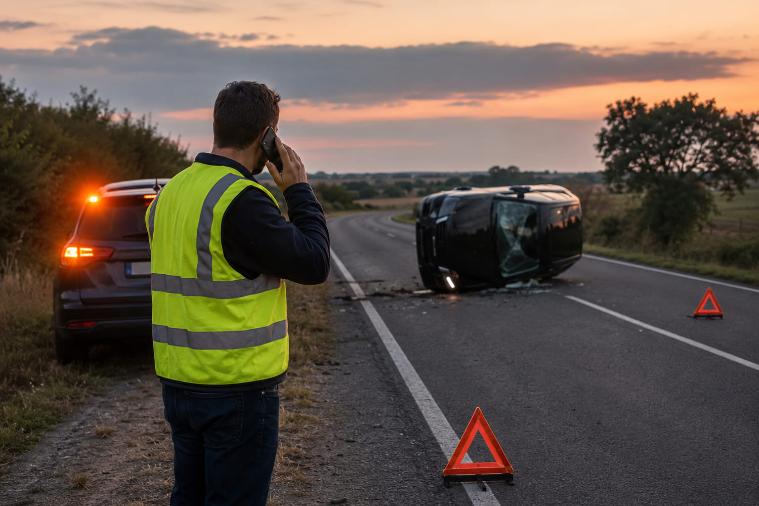 A driver wearing a high-visibility reflective vest stands at the roadside of a rural road, hazard lights flashing on their car, phone pressed to their ear calling 112. In the background, a crashed vehicle is visible on its side with warning triangles placed on the road. Urgent, realistic, but not graphic.