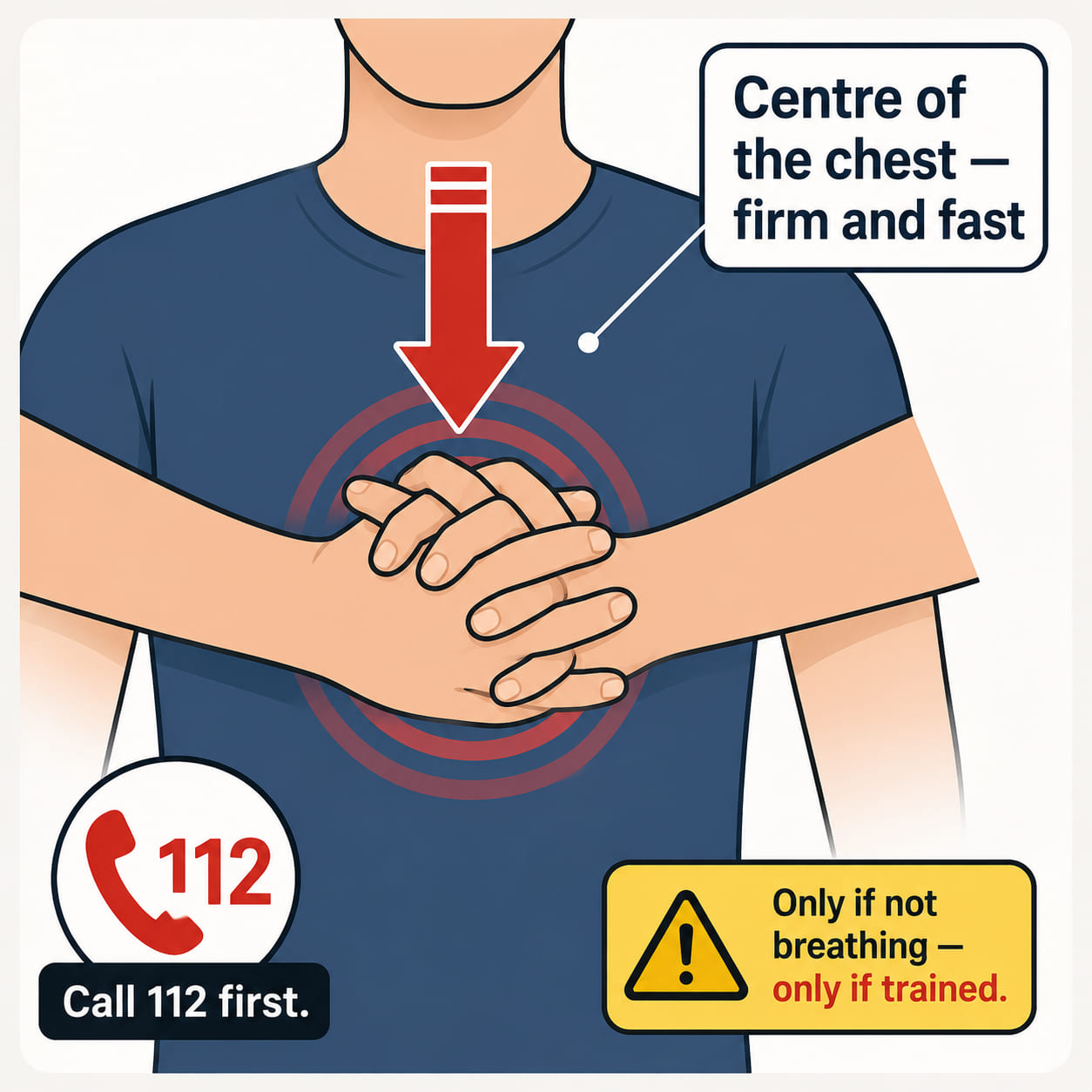 A simple icon-forward illustration of CPR. Two hands are shown positioned on the centre of a person's chest (sternum), one on top of the other, fingers interlaced. A downward compression arrow is shown. A label reads "Only if not breathing - and only if trained." A 112 phone icon in the corner reminds to call before starting. Clean medical infographic style.
