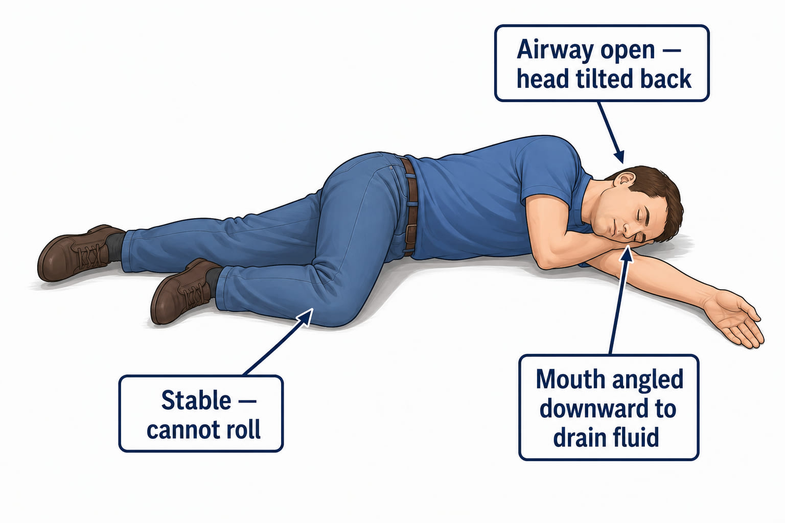 A clear side-view medical diagram of an unconscious person placed in the recovery position. They are lying on their side, lower arm extended forward at a right angle to the body, upper knee bent forward to prevent rolling, head tilted slightly back to keep the airway open. Callout labels point to: "airway open", "stable position - cannot roll forward or back", "mouth facing downward to drain fluid". Clean first-aid illustration style.