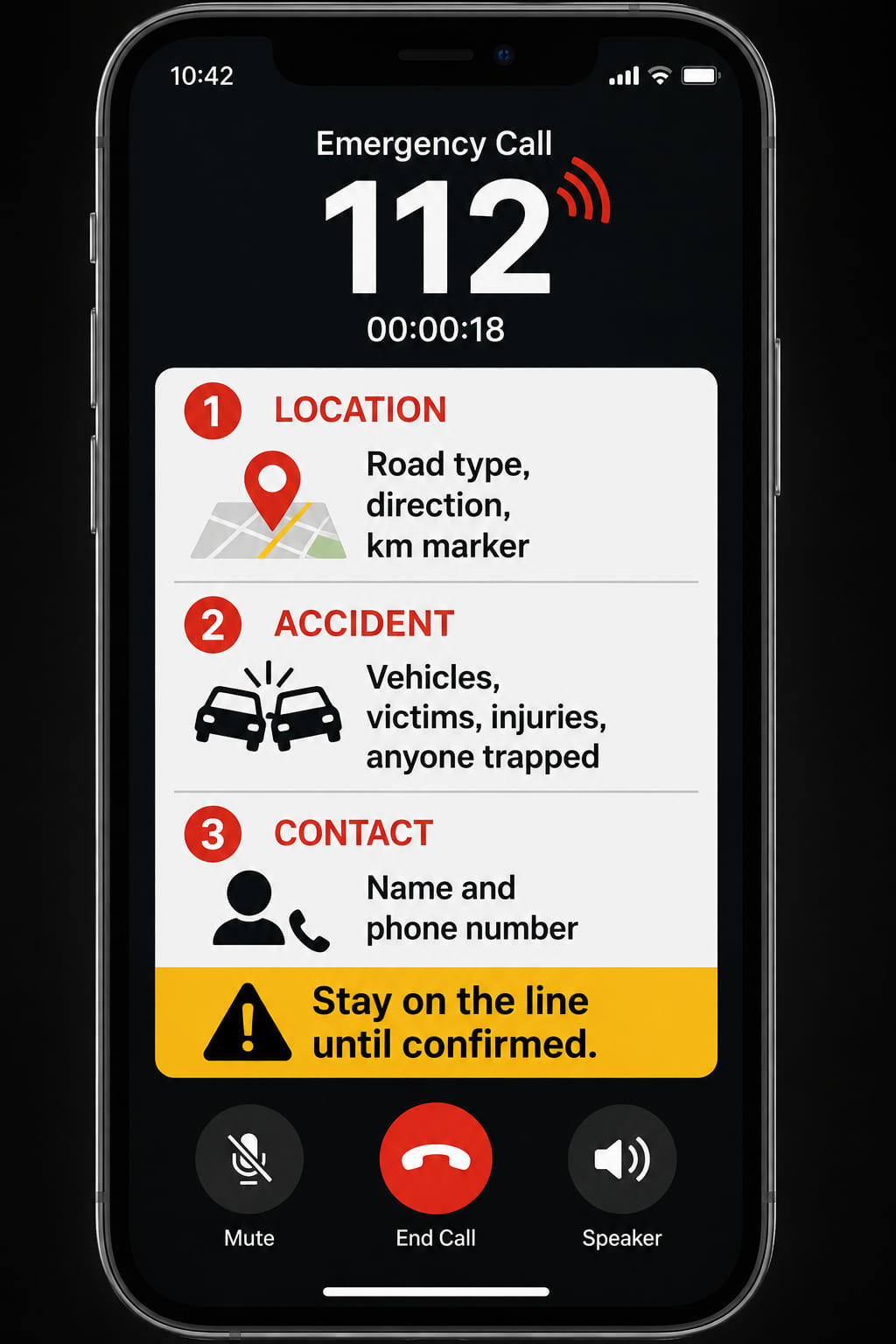 A phone screen mockup showing an active 112 call. On the screen, a speech bubble prompt card lists what to say: (1) Location - road type, direction, km marker (map pin icon); (2) Accident description - number of vehicles, number of victims, type of injuries, anyone trapped (crash icon); (3) Your contact details - name and phone number (person icon). A "Stay on the line" reminder sits at the bottom. Realistic phone UI style.