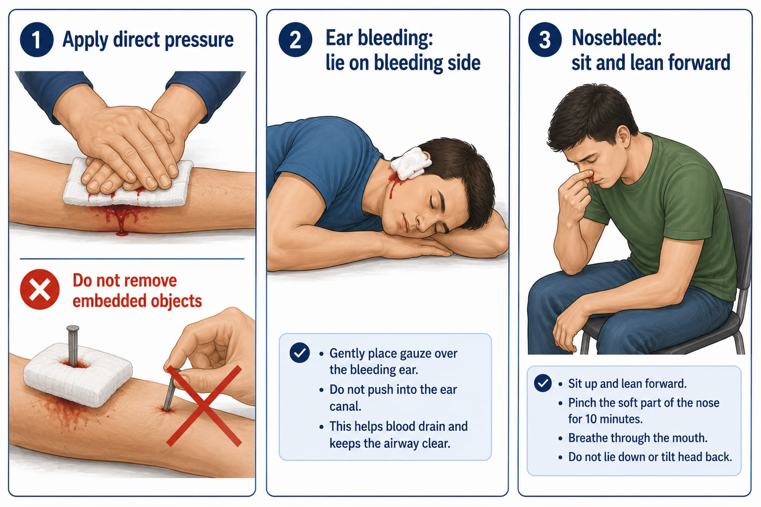 A three-panel bleeding first-aid illustration. Panel 1: two hands pressing firmly down on a wound with a sterile gauze cloth - "Apply direct pressure". An embedded object is shown in a sub-note: a thick pad placed around (not on) the object, red X on removing it. Panel 2: a figure lying with head tilted sideways, gauze on the ear - "Ear bleeding: lie on the bleeding side". Panel 3: a conscious seated figure, head tilted slightly forward (not back) - "Nosebleed: sit, lean forward". Clean first-aid style.