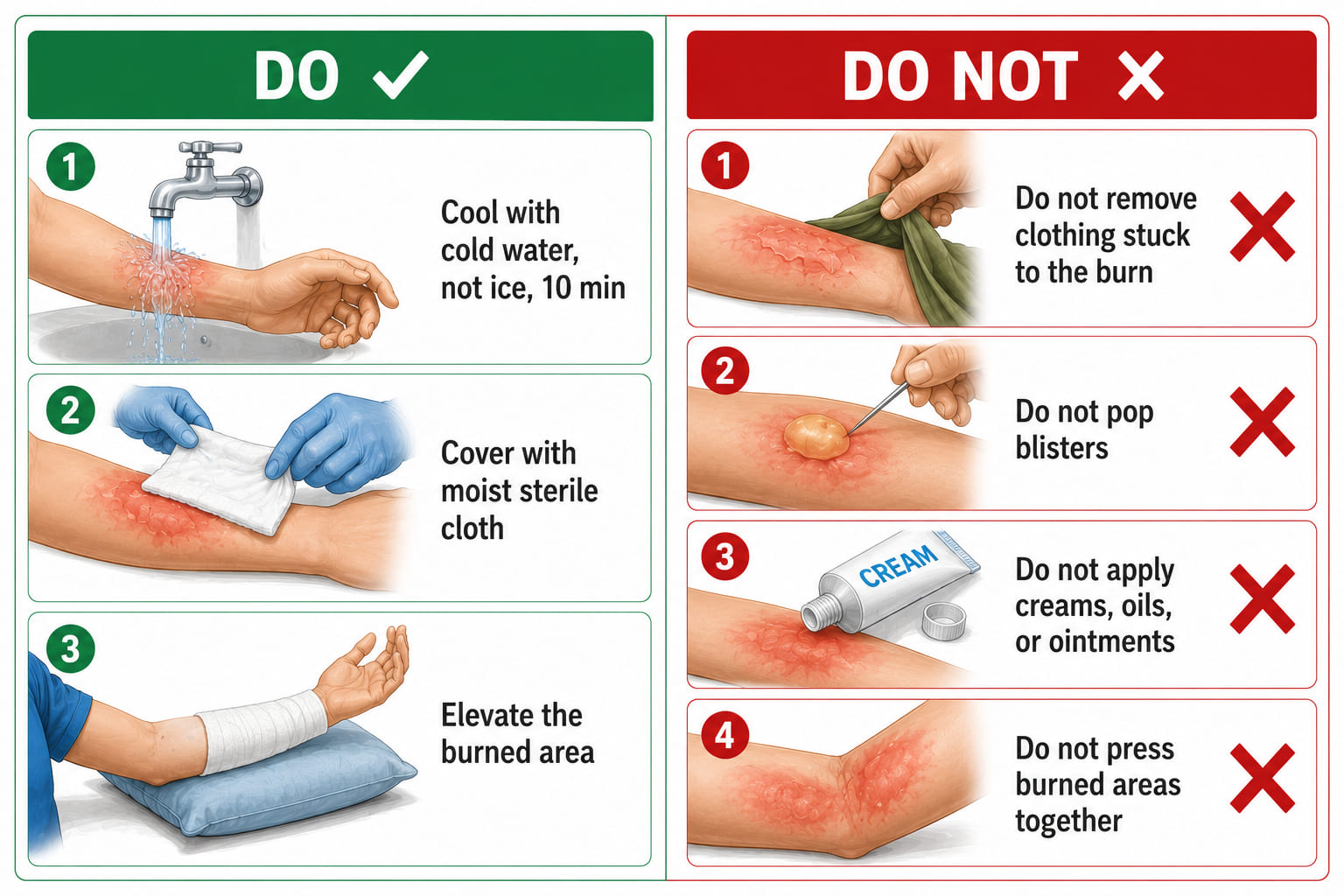 A two-column do/do-not burns first-aid card. Left column (green "DO" header): three rows with green checkmarks - (1) water tap pouring cold (not ice) water on a burn for 10 minutes; (2) a moist sterile cloth covering the burn; (3) an elevated arm icon. Right column (red "DO NOT" header): four rows with red X marks - (1) clothing being pulled off a burn (red X); (2) a blister with a needle approaching it (red X); (3) a cream/oil tube near skin (red X); (4) two burned surfaces touching/wrapped together (red X). Clean split-card format.