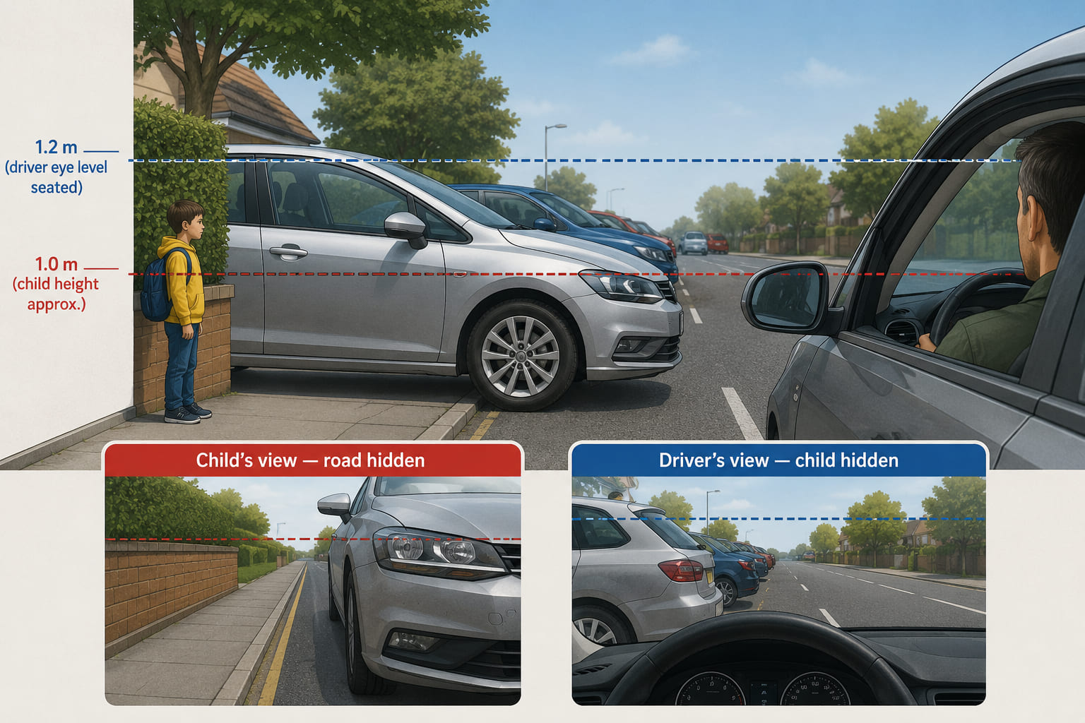 A side-view diagram at a roadside scene. Two eye-level reference lines are shown: a low dashed line at child height (roughly 1 m) and a higher dashed line at adult driver seated eye level (roughly 1.2 m in car). From the child's viewpoint: parked cars block sight of the approaching road entirely. From the driver's viewpoint: the child is hidden behind a parked car bonnet. Labels highlight "what the child sees" and "what the driver sees" - both showing blind zones.