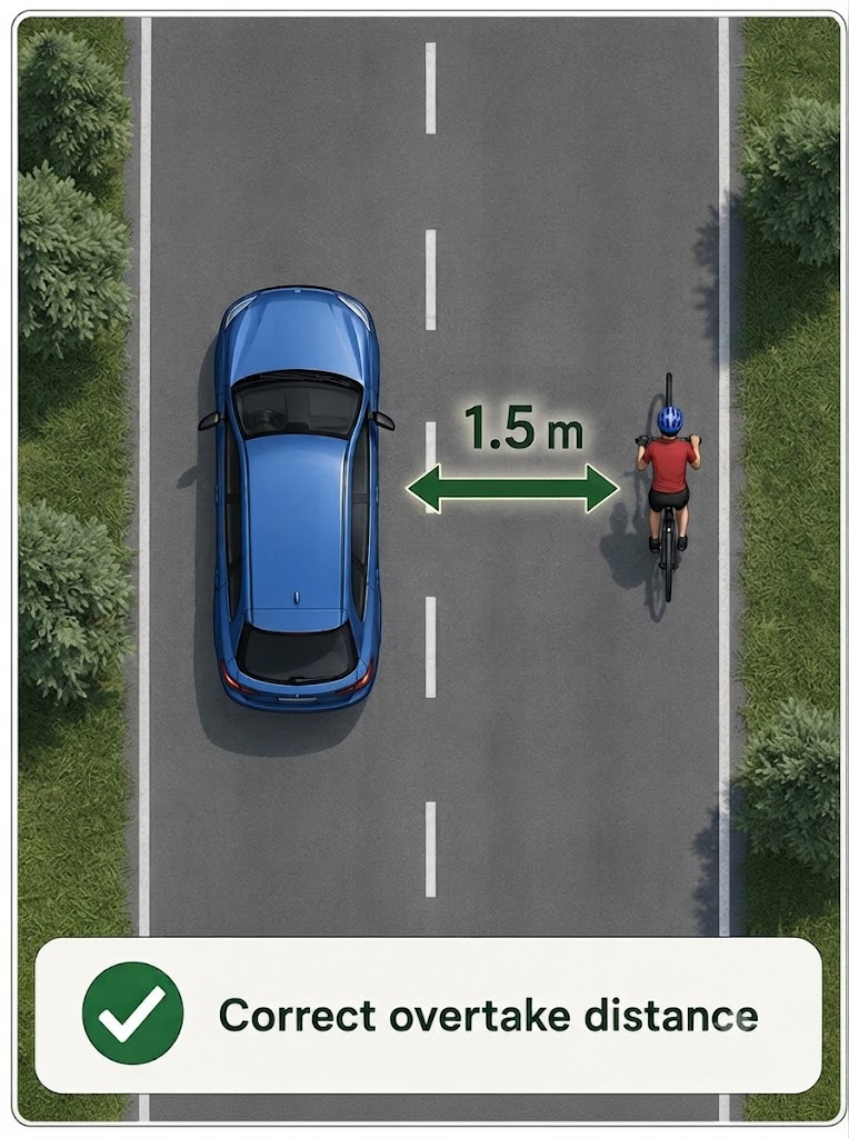A top-down road diagram in two panels. Left panel: a car overtaking a cyclist with a clear 1.5 m lateral clearance measurement arrow between them - labelled "Correct overtake". Right panel: a car driving past a row of parked cars, a cyclist emerging suddenly from between two parked vehicles - an alert/warning highlight shows the hazard zone. Both panels are connected by a divider.