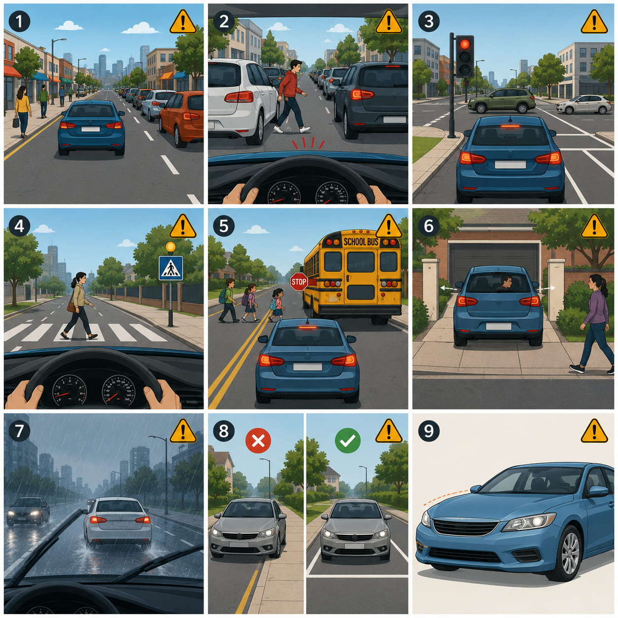 A three-panel "watch out" illustration for drivers. Panel 1: a car slowing behind a stationary bus, a pedestrian stepping out from the front of the bus - the car must slow further. Panel 2: a pedestrian emerging unexpectedly from between two parked cars - the car is braking. Panel 3: a car exiting a garage driveway, the driver checking right before the nose of the car clears the gate. Each panel has an amber warning badge in the corner.