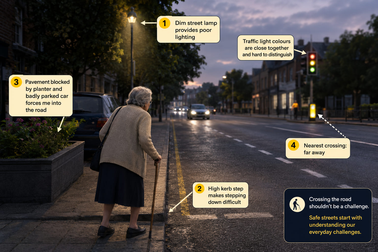 A street-level illustration of an elderly person attempting to cross a road. Around them, four labelled obstacles are highlighted: (1) a poorly lit street with a dim lamp post; (2) a high kerb step; (3) a pavement blocked by a badly parked car and a planter forcing them onto the road; (4) the nearest crossing is far away (sign with a long distance arrow). A traffic light with unclear colour separation is also labelled. Empathetic, clear infographic style.