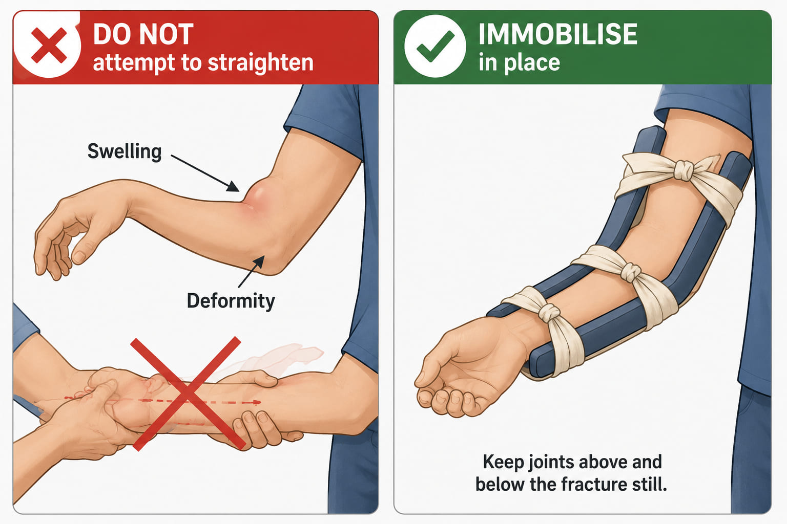 A two-panel fracture first-aid diagram. Left panel: a forearm with visible swelling and an unnatural angle - two callout labels: "Swelling" and "Deformity/shortening". A red X is overlaid on a hand attempting to straighten the limb. Right panel: the same arm correctly immobilised with two splints bound with triangular bandage slings, the arm held in a natural position - label "Immobilise - do not straighten". Clean medical illustration style.