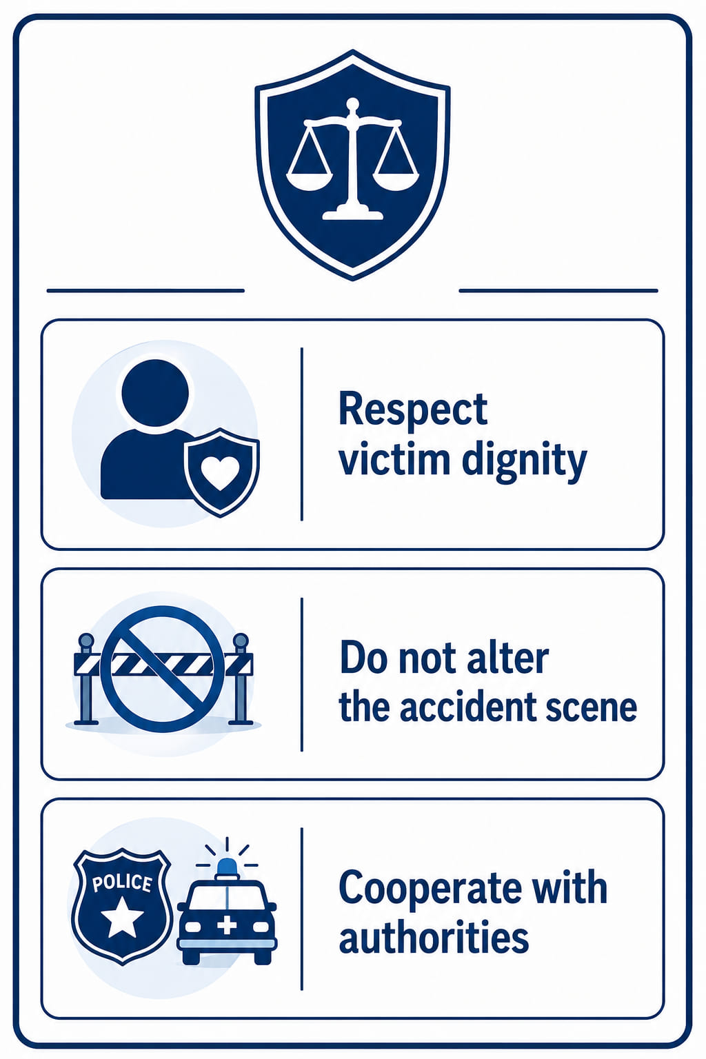 A legal reminder badge card with a scale-of-justice icon at the top. Three rows each with a small icon: (1) a person silhouette with a dignity/respect icon - "Respect victim dignity"; (2) a crime scene tape with a prohibition mark - "Do not alter the accident scene"; (3) a police/ambulance siren icon - "Cooperate with authorities at all times". Clean legal notice card aesthetic with a blue and white colour scheme.