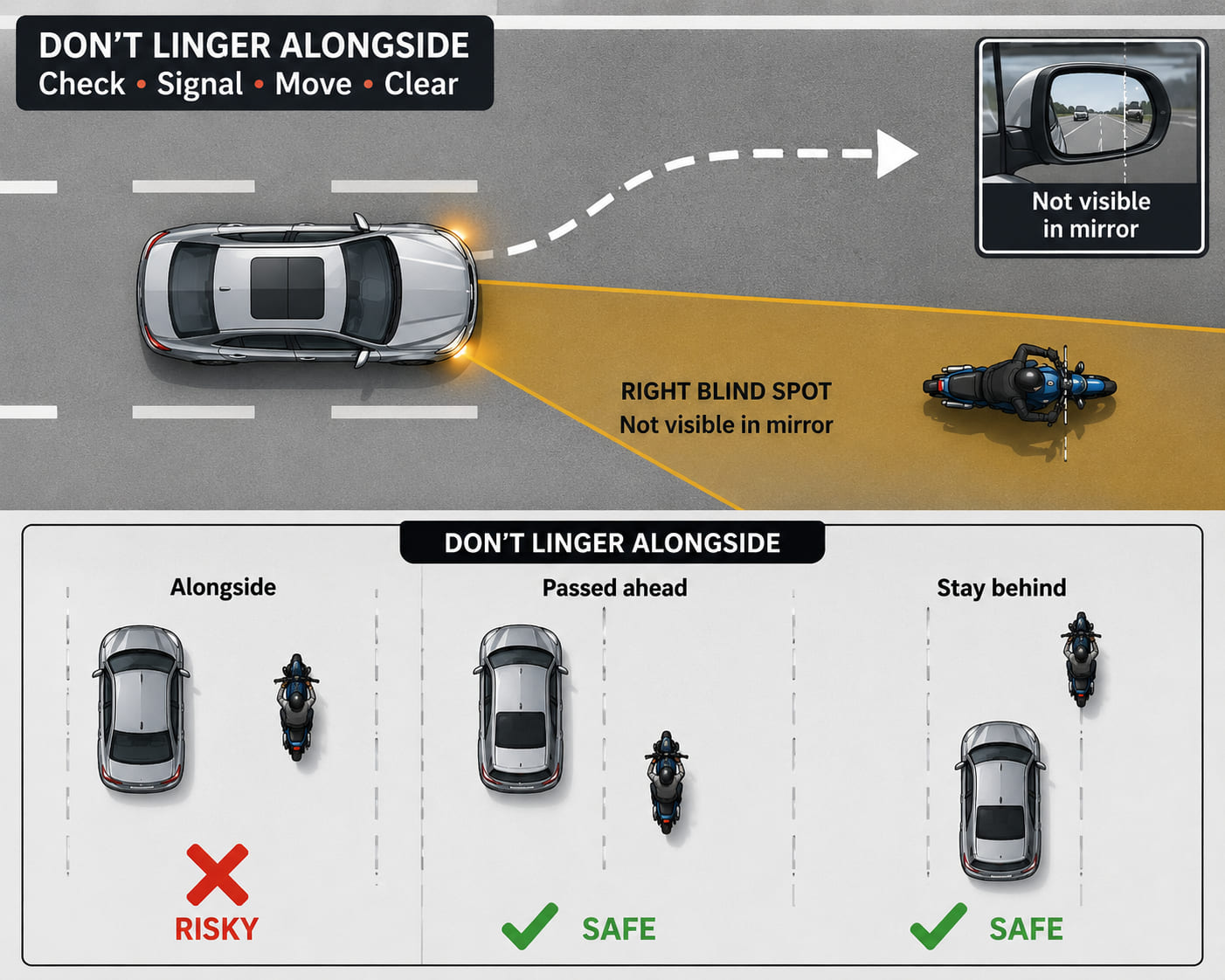 A top-down diagram showing a car in the process of changing lanes to the right. A motorcycle is positioned exactly in the car's right blind spot zone (amber shaded wedge) - invisible in the mirrors. A dashed lane-change arrow shows the car moving toward the motorcycle. A second sub-panel shows the "don't linger alongside" rule: a car matching speed alongside a motorcycle with a red X, vs. the correct alternative of overtaking past (green checkmark) or staying behind (green checkmark).