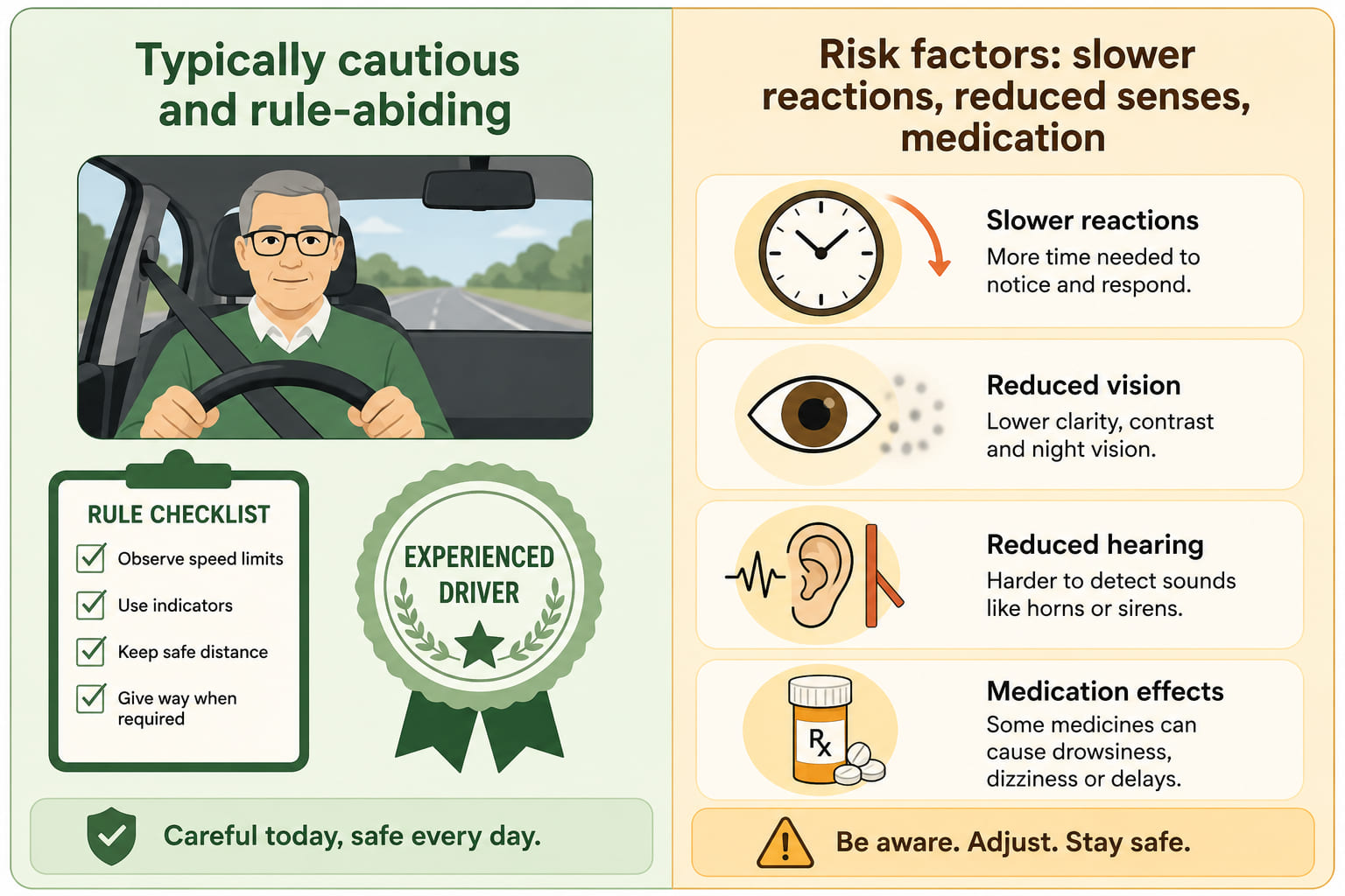 A two-column comparison card. Left column (green, positive): cautious driver icon, rule-following checklist icon, experienced driver badge - "Typically cautious and rule-abiding". Right column (amber, risk): slow reaction time icon (clock with lag arrow), eye/ear difficulty icons, pill bottle icon - "Reduced reaction time, poorer senses, medication effects". The two columns are separated by a centre line. Clean flat infographic.