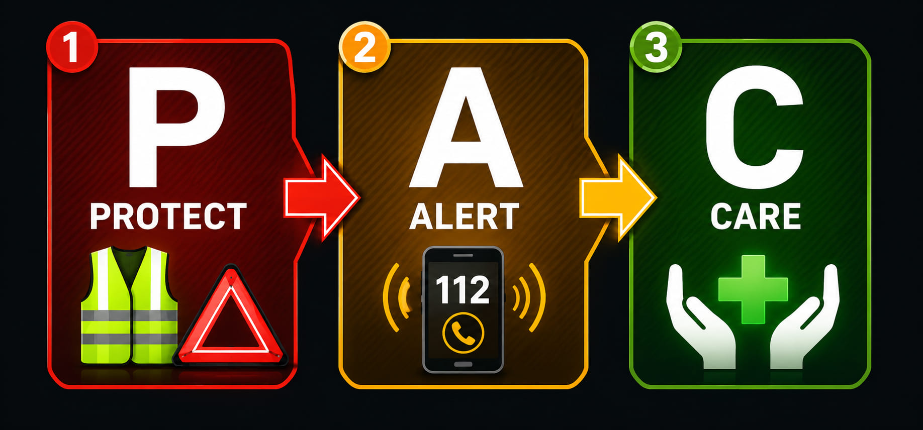 A bold three-step horizontal banner. Step 1 - a large "P" in red: "PROTECT" - icon of a reflective vest and hazard triangle. Step 2 - a large "A" in amber: "ALERT" - icon of a mobile phone with 112 displayed on screen. Step 3 - a large "A" in green: "AID" - icon of hands in a caring/first-aid gesture. Steps are connected by right-pointing arrows. The banner has a dark background for high contrast and strong visual impact.