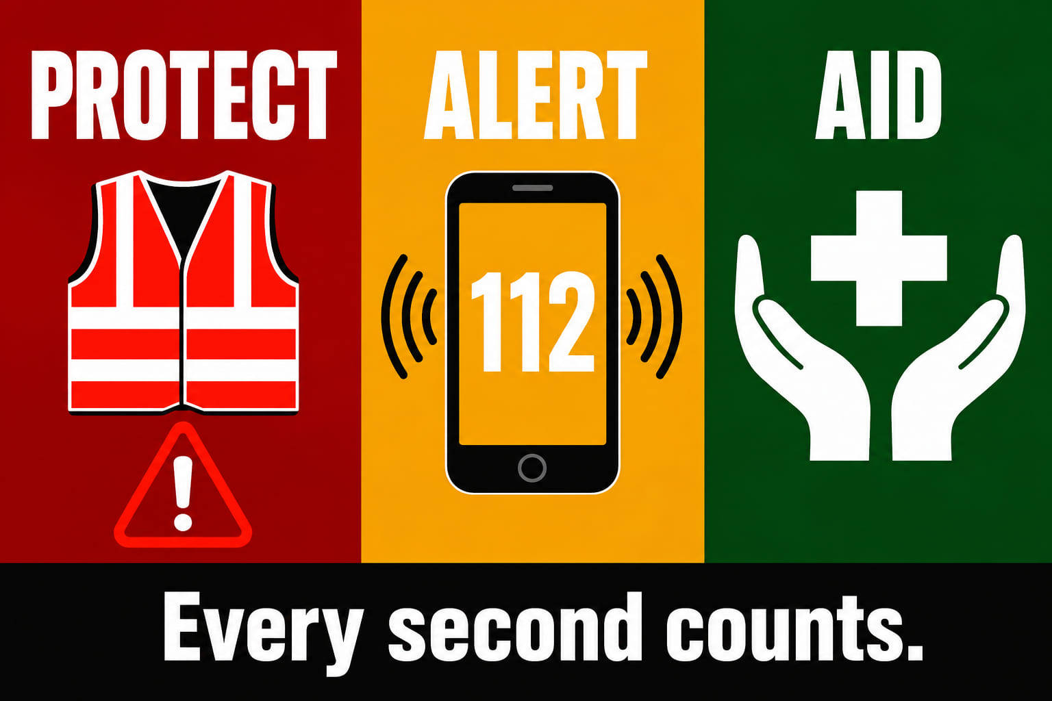 A bold wide landscape banner divided into three equal sections. Section 1 (red background): large "PROTECT" text with a reflective vest and triangle icon. Section 2 (amber background): large "ALERT" text with a mobile phone showing "112" in large digits. Section 3 (green background): large "AID" text with caring hands and a first-aid cross icon. Below the three sections, a full-width dark footer strip reads "Every second counts." in white bold text. High contrast, impactful emergency communication design.
