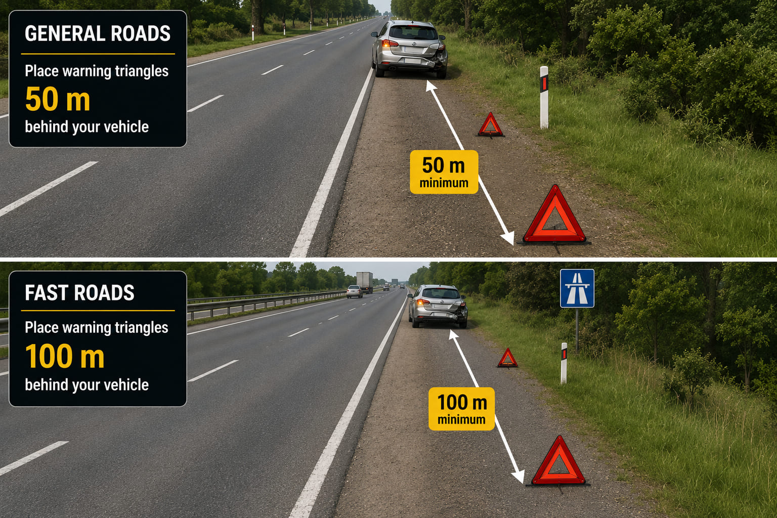 A top-down road diagram with a clear distance ruler running along the centre lane. A crashed vehicle sits at the top. Two red warning triangles are placed exactly 50 m behind it, shown with a bold double-headed measurement arrow labelled "50 m minimum". On a motorway variant shown below, the distance extends to 100 m with a label. The road markings, lane lines, and perspective are clear.