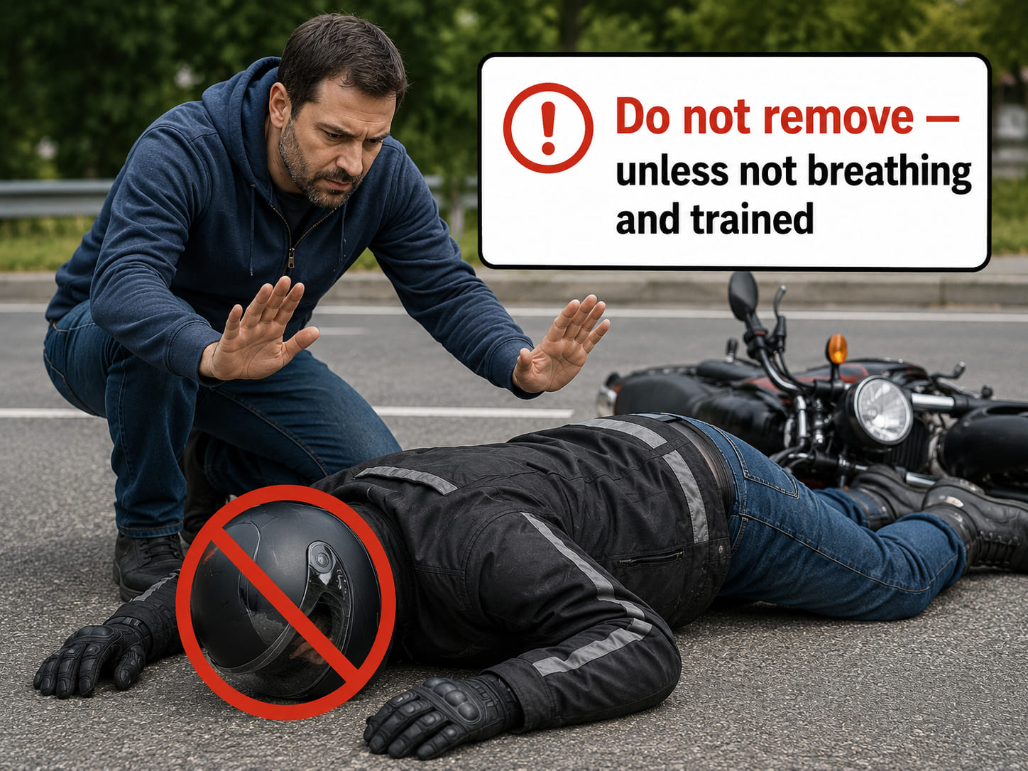 A single-panel illustration. A motorcyclist is lying on the road, still wearing their helmet. A bystander is crouching beside them - their hands are raised in a "stop" gesture, not touching the helmet. A bold red stop symbol is overlaid on the helmet. A callout reads: "Do not remove unless not breathing and you know how to do it safely." Clean, clear, emphatic safety illustration.