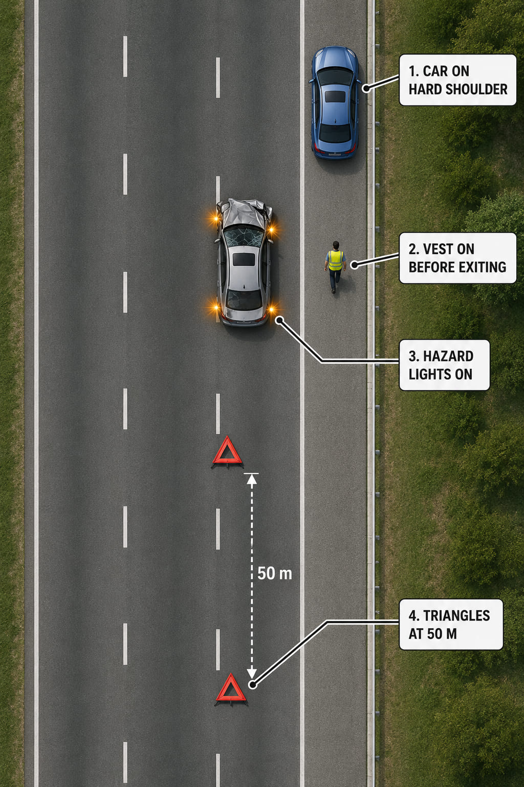 A top-down road diagram showing the Protect sequence at an accident scene. A crashed car is in the lane. 50 m behind it: emergency warning triangles placed on the road. The assisting car is parked safely on the hard shoulder. A driver in a yellow reflective vest is walking toward the scene. The crashed car has hazard lights flashing. Labels point to each element: "car on hard shoulder", "vest before exiting", "hazard lights on", "triangles at 50 m".