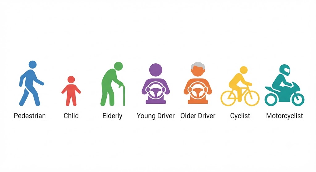 A horizontal row of seven simple figure icons, each labelled below: Pedestrian, Child, Elderly Person, Young Driver, Older Driver (65+), Cyclist, Motorcyclist. Each icon is styled in a distinct colour. The layout reads like a visual taxonomy of the risk groups covered in the section.