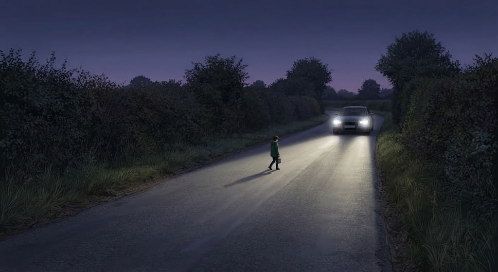 A rural road scene at dusk. A pedestrian is crossing an unmarked section of road. A car is approaching at speed with no pedestrian crossing markings visible, no pavement, and poor lighting. The pedestrian is small relative to the car - illustrating low visibility at rural road speeds.