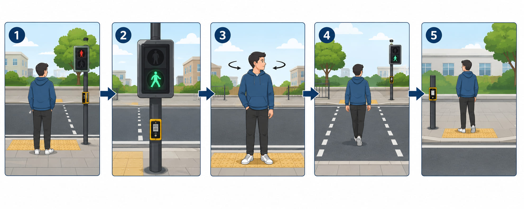 A five-frame horizontal crossing sequence infographic. Frame 1: pedestrian waiting on the pavement behind the curb. Frame 2: pedestrian traffic light showing green. Frame 3: pedestrian looking left and right before stepping off the curb. Frame 4: pedestrian crossing straight across, not diagonally. Frame 5: pedestrian safely on the opposite pavement. Each frame is numbered and separated by a right arrow. Clean flat safety infographic style.