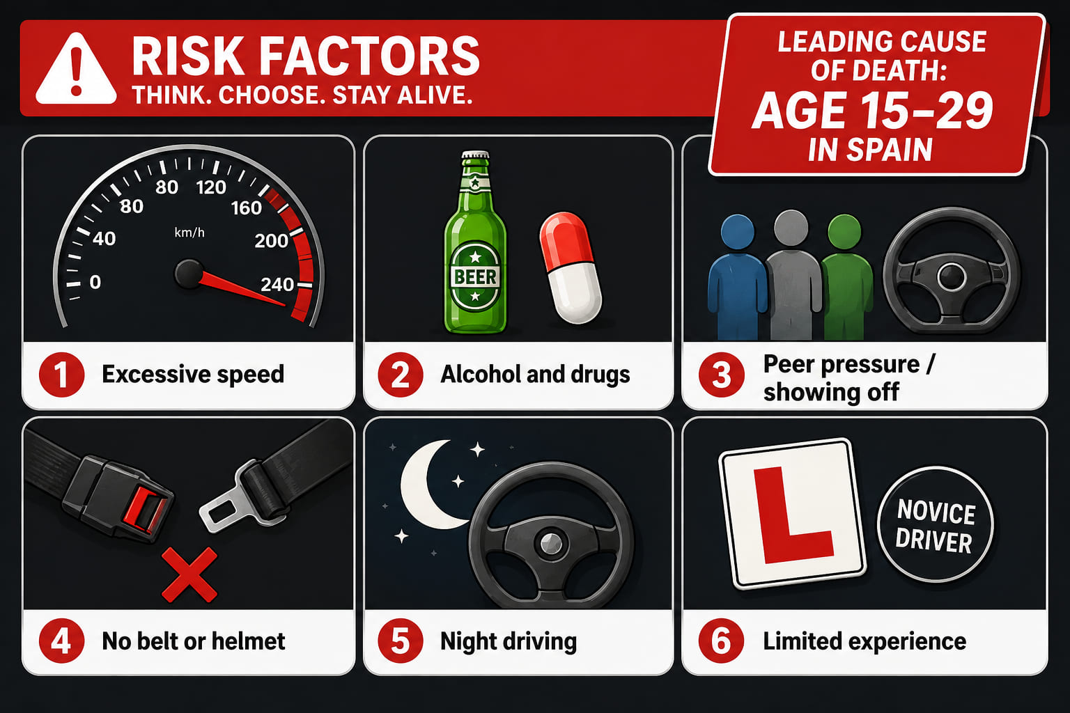 A risk factors card for young drivers (ages 15-29). Six icon cells in a grid: (1) a speedometer in the red zone - "Excessive speed"; (2) a bottle and pill icon - "Alcohol and drugs"; (3) a peer pressure icon (group of figures, one at wheel) - "Social pressure and showing off"; (4) an unbuckled seat belt - "No belt or helmet"; (5) a crescent moon with a steering wheel - "Night driving"; (6) a warning triangle - "Limited experience". A prominent stat badge reads "Leading cause of death age 15-29 in Spain". Energetic but sobering design.