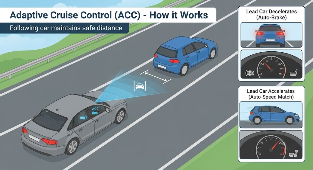 A motorway scene viewed from slightly above. Two cars are travelling in the same lane. The following car has a radar cone projecting forward (blue arc), maintaining a consistent gap to the car ahead - shown as a measurement bracket. Two inset panels: left - the lead car slows, the following car automatically reduces speed (speedometer needle dropping); right - the lead car accelerates, the following car matches it. A cruise control icon is visible on the dashboard.