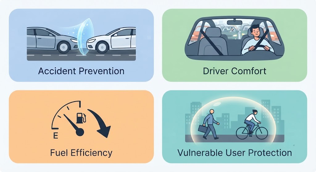 A 2×2 icon benefits grid with a clean flat design. Top-left: a crash being avoided (two cars with a shield blocking impact) - "Accident Prevention". Top-right: a relaxed driver leaning back in traffic - "Driver Comfort". Bottom-left: a fuel gauge with a downward arrow - "Fuel Efficiency". Bottom-right: a pedestrian and cyclist inside a protective halo - "Vulnerable User Protection". Each cell has a soft pastel background.