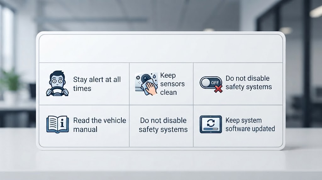 A vertical 5-point icon checklist card styled as an "ADAS Care Card". Row 1: alert driver icon (eyes open, hands on wheel) - "Stay alert at all times". Row 2: open vehicle manual / book icon - "Read the manual". Row 3: clean camera/sensor icon with a cloth - "Keep sensors clean". Row 4: a disable switch with a red X - "Don't disable safety systems". Row 5: a software update progress bar icon - "Keep software up to date". Clean flat checklist design.