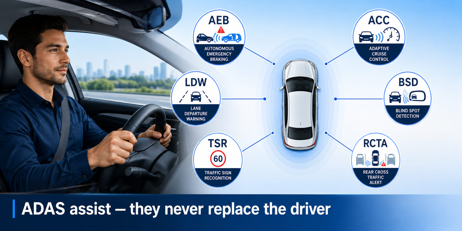 A wide banner illustration. A driver sits at the wheel of a modern car, hands on the wheel, eyes on the road - alert and in control. Surrounding the car, six ADAS system icons radiate outward as labelled orbiting badges (AEB, ACC, LDW, BSD, TSR, RCTA). Below the car, a bold caption zone reads "ADAS assist - they never replace the driver" in a prominent clean sans-serif. Colour palette is confident blue and white.