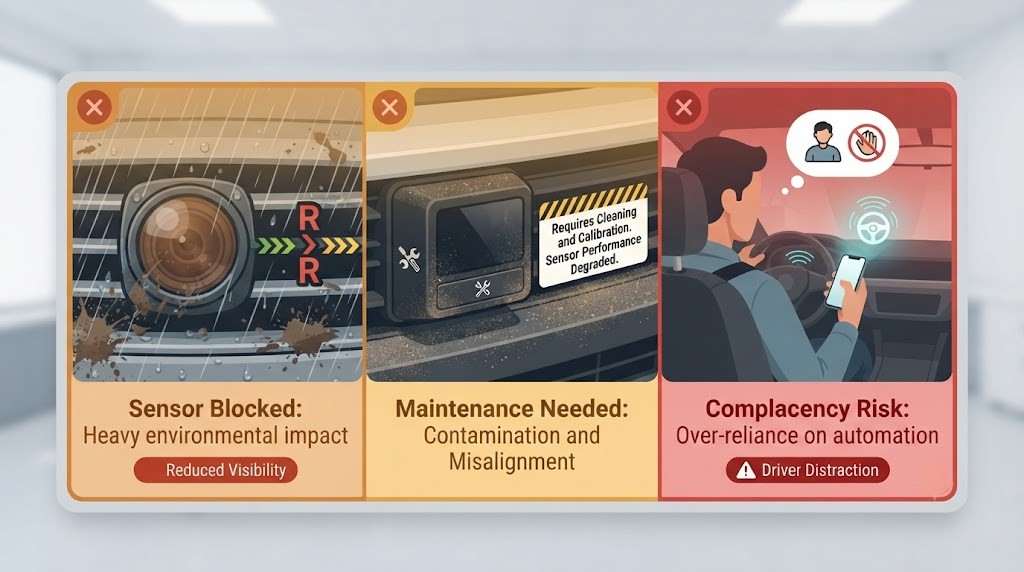 A three-cell horizontal limitations card with a slightly cautionary red-amber colour palette. Cell 1: a camera lens obscured by rain and mud splatter, sensor signal broken - "Weather interference". Cell 2: a dirty sensor with dust and a warning maintenance label - "Requires cleaning and calibration". Cell 3: a driver with hands off the wheel, eyes looking at a phone, an ADAS icon doing the driving - "Complacency risk". Each cell has a red X badge in the corner.