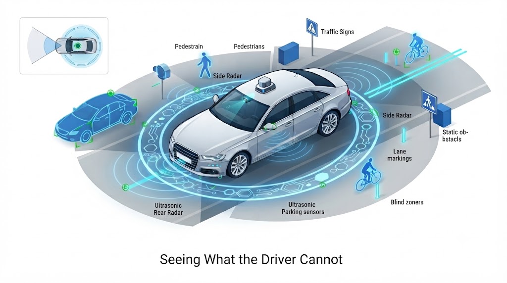 A modern car shown from a three-quarter front angle with sensor and camera overlay icons radiating outward in all directions: radar waves from the front bumper, camera cones from the windscreen, lidar pulses from the roof, and infrared beams from the rear corners - showing the vehicle sensing its full environment