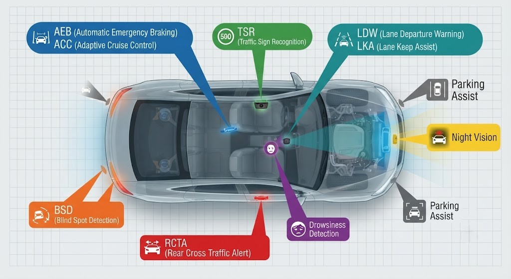 An annotated top-down car diagram with 10 labelled ADAS systems marked at their sensor locations using colour-coded arrows: AEB and ACC at the front radar (blue); TSR at the front camera (green); LDW and LKA at a front/roof camera (teal); BSD at both rear-corner radars (orange); RCTA at the rear bumper radar (red); Drowsiness Detection at a driver-facing camera (purple); Parking Assist at all four ultrasonic sensors (grey); Night Vision at an infrared sensor behind the grille (yellow).