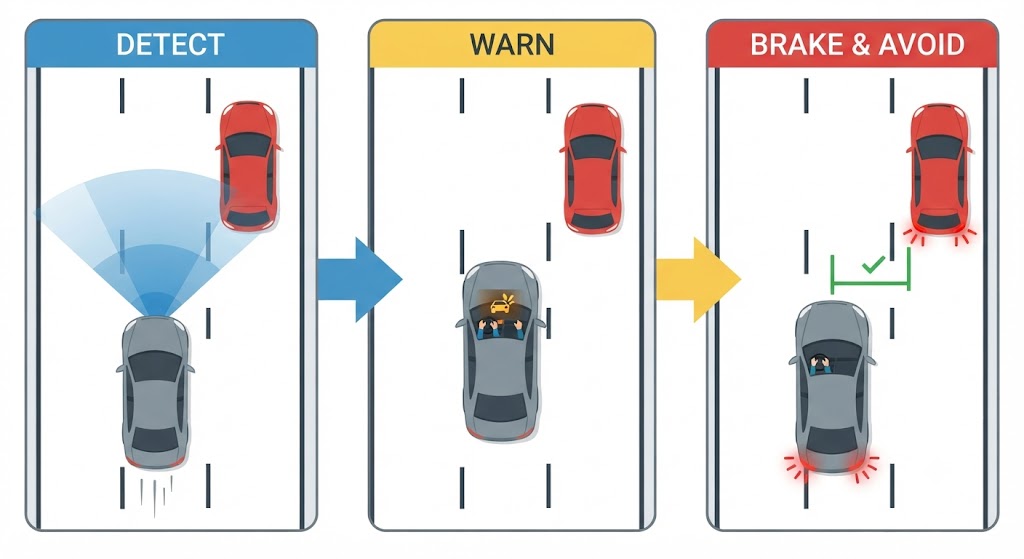 A top-down three-stage road sequence. Stage 1 - "Detect": a car approaching a stopped vehicle ahead, radar cone shown scanning forward, no action yet. Stage 2 - "Warn": the same car closer, a dashboard warning icon flashes and the distance narrows, driver still not responding. Stage 3 - "Brake": the car automatically braking, brake light indicators on, with a distance measurement showing the gap saved. Arrows connect each stage.