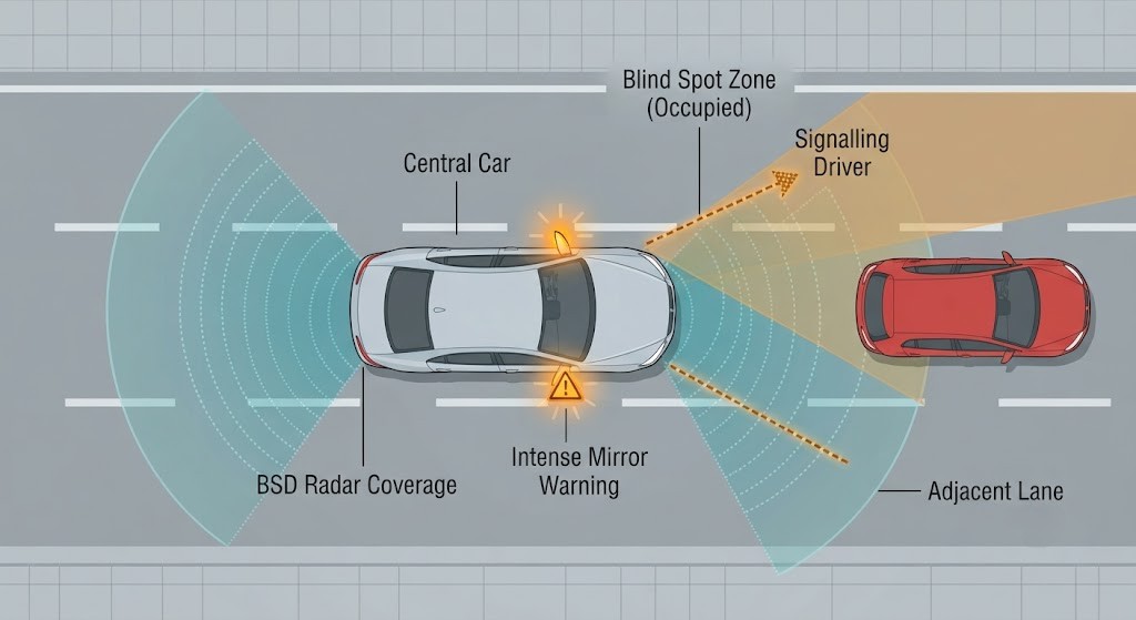 A top-down diagram of a car in the process of changing lanes. A second car is shown inside the right blind spot zone (amber shaded wedge). The right door mirror has a glowing amber warning triangle icon lit up. A dashed right-turn signal arrow indicates the driver is signalling toward the occupied blind spot - the mirror icon flashes brighter to signal danger. Radar sensor arcs from the rear corners sweep the blind zones.