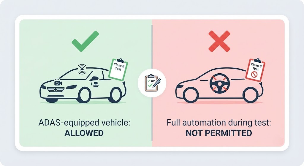 A clean two-cell info card. Left cell (green background): a green checkmark above a car with ADAS sensor icons and a "Class B test" label - "ADAS-equipped vehicle: ALLOWED". Right cell (red background): a red X above a car with an autopilot/self-driving icon - "Full automation during test: NOT PERMITTED". A small driving examiner clipboard icon sits between the two cells.
