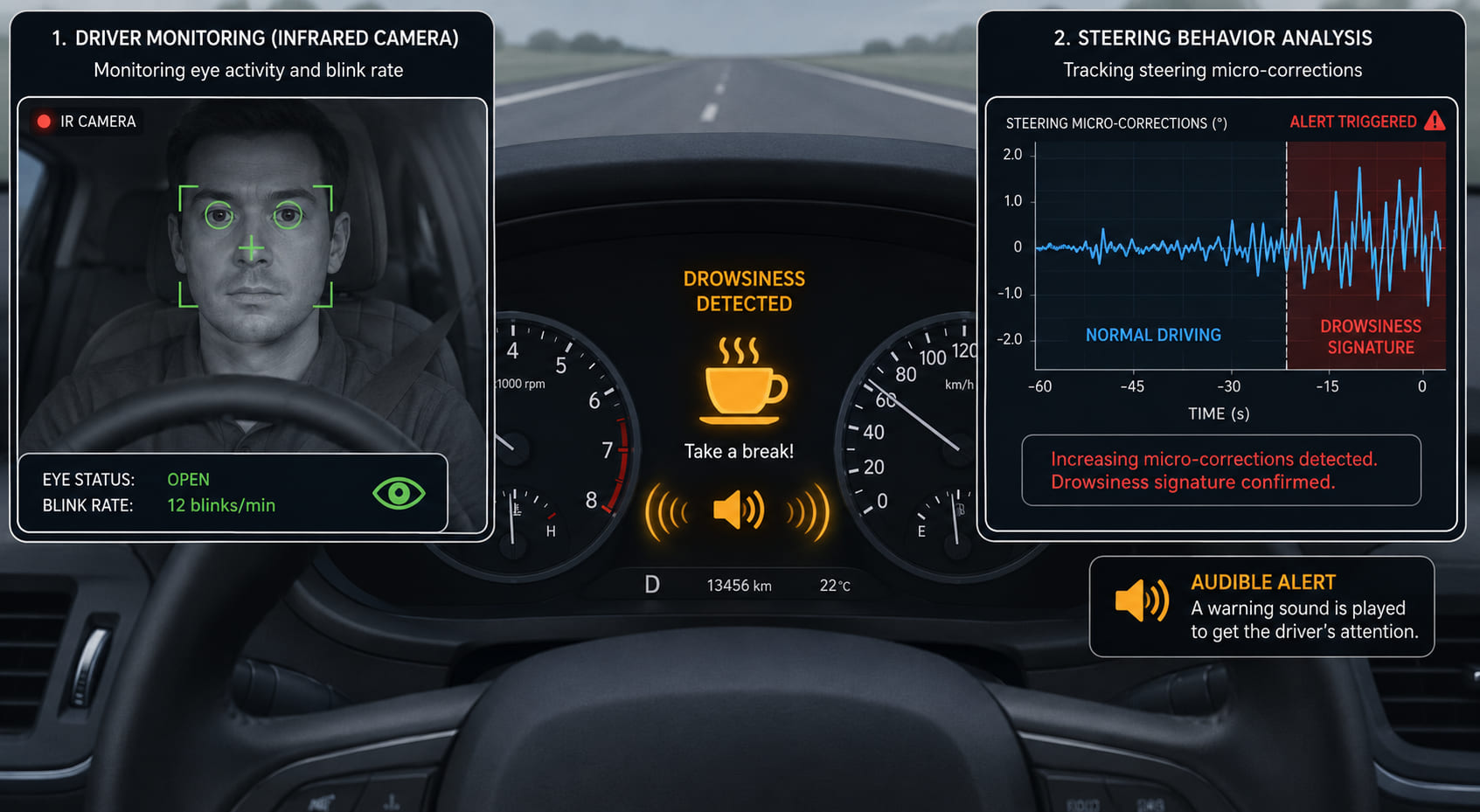 A dashboard view with two inset panels. Main panel: instrument cluster showing a drowsiness alert icon (coffee cup symbol) illuminated in amber, with a sound wave indicating an audible warning. Left inset: a driver-facing camera behind the steering column showing a blinking eye-tracking overlay monitoring blink rate and head position. Right inset: a steering corrections graph showing increasing micro-corrections (a drowsiness signal) just before the alert fires.