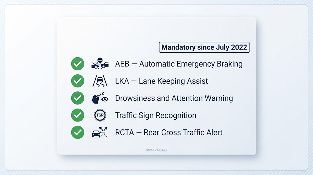 A compliance checklist card with a blue EU flag badge in the top-right corner and a "Mandatory since July 2022" date stamp. Five rows, each with a green checkmark: (1) AEB - Automatic Emergency Braking; (2) LKA - Lane Keeping Assist; (3) Drowsiness Warning; (4) Traffic Sign Recognition; (5) RCTA - Rear Cross Traffic Alert. Clean legal/regulatory document style with a white background and subtle border.