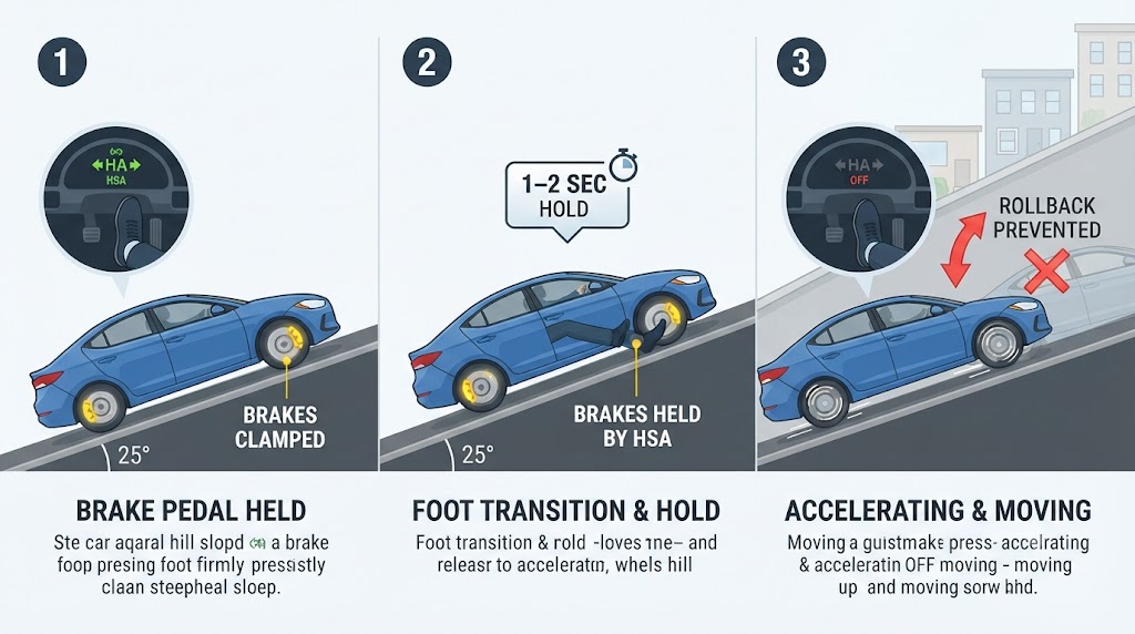 A side-view diagram of a car on a steep uphill slope. Three sequential frames: Frame 1 - driver's foot on brake, HSA active indicator on, brakes holding (brake caliper icon glowing). Frame 2 - foot moving from brake to accelerator, a 1-2 second timer badge visible, brakes still held automatically. Frame 3 - foot on accelerator, car moving forward up the hill without rollback. A red X with a rolling-back car icon shows what HSA prevents.