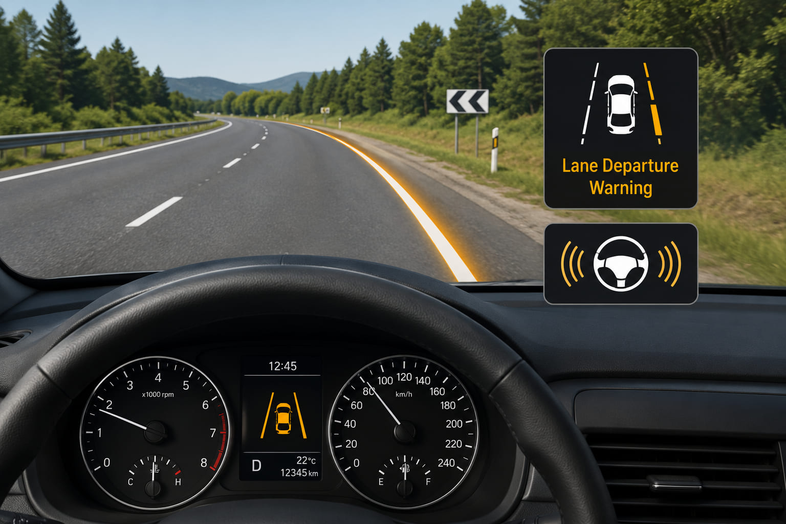 A driver's-eye-view road scene. The car is drifting to the right, crossing the right lane marking without a turn signal active. The right lane line is highlighted in amber as the tyre crosses it. On the instrument cluster in the foreground, a lane departure warning icon (car between two lines) illuminates in amber. A small steering-wheel icon shows vibration lines indicating haptic feedback. No active correction is applied - only the alert.