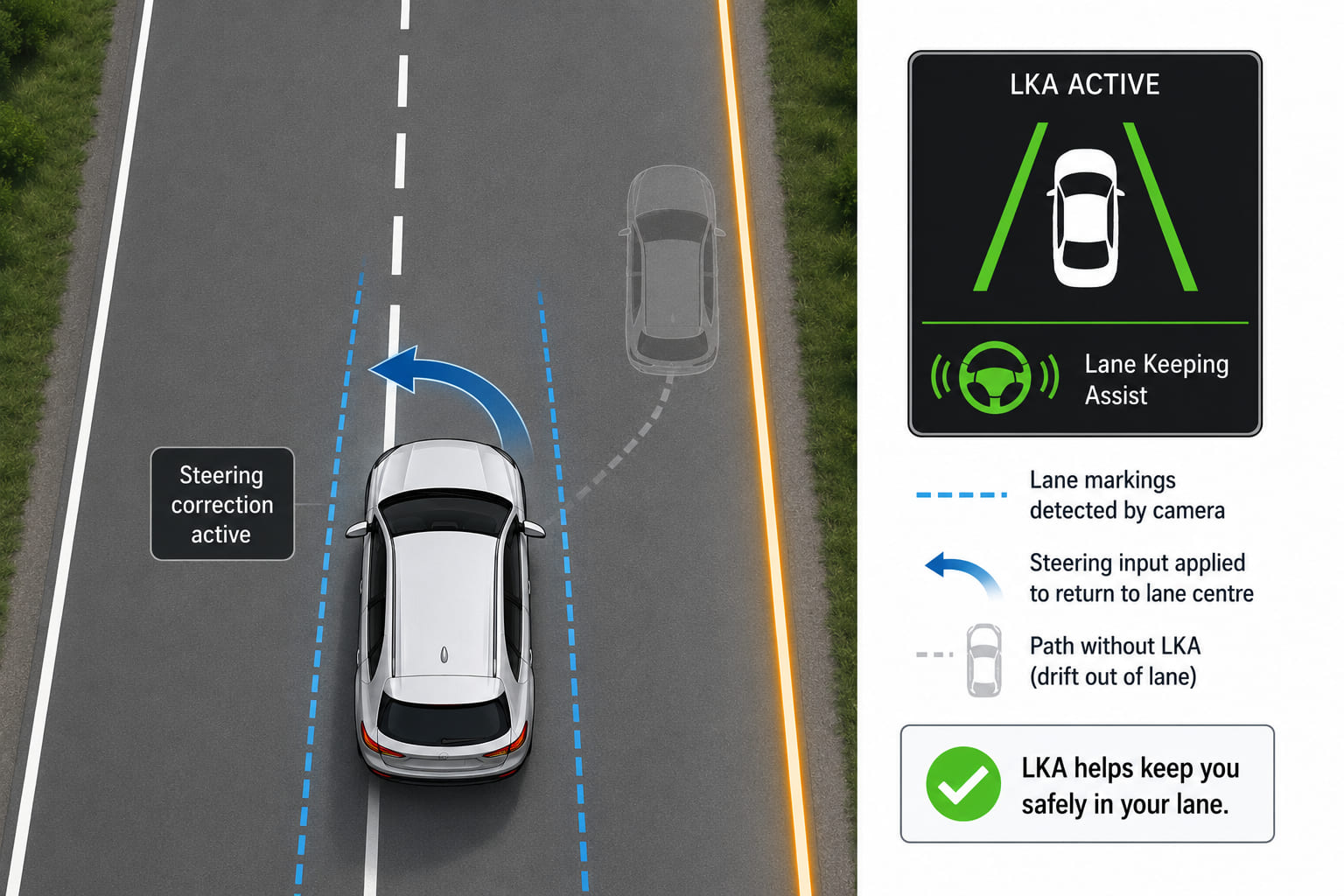 A top-down road diagram. A car is shown drifting toward the right lane line without a turn signal. The camera icon on the roof is tracking both lane lines (shown as dashed detection lines). A curved steering correction arrow is overlaid on the car, gently steering it back toward the lane centre. The lane line it was approaching is highlighted in blue. An inset dashboard shows the LKA icon active (green).
