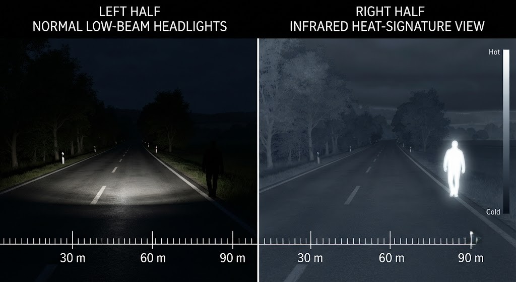 A split-screen comparison. Left side: a realistic night road scene illuminated only by low-beam headlights - visibility ends about 50 m ahead, a pedestrian at 90 m is invisible. Right side: the same scene shown as an infrared heat-signature view - the pedestrian glows bright white against a dark background at 90 m, clearly visible. A distance ruler runs along the bottom of both panels for comparison.