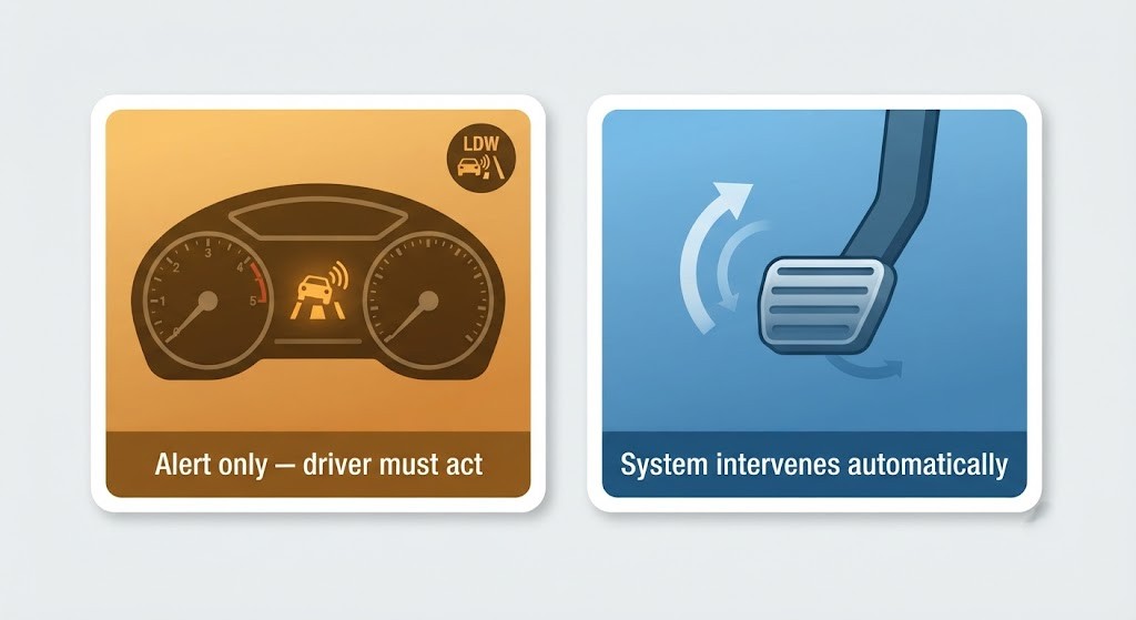 Two side-by-side illustrated cards. Left card (Passive): a dashboard with a lane departure warning icon illuminated in amber, a driver alert symbol, and a label "Alert only - driver must act". An LDW icon is shown. Right card (Active): a brake pedal pressing itself downward with a motion arrow, and a label "System intervenes". An AEB icon is shown. Each card has a distinct background colour - amber for passive, blue for active.