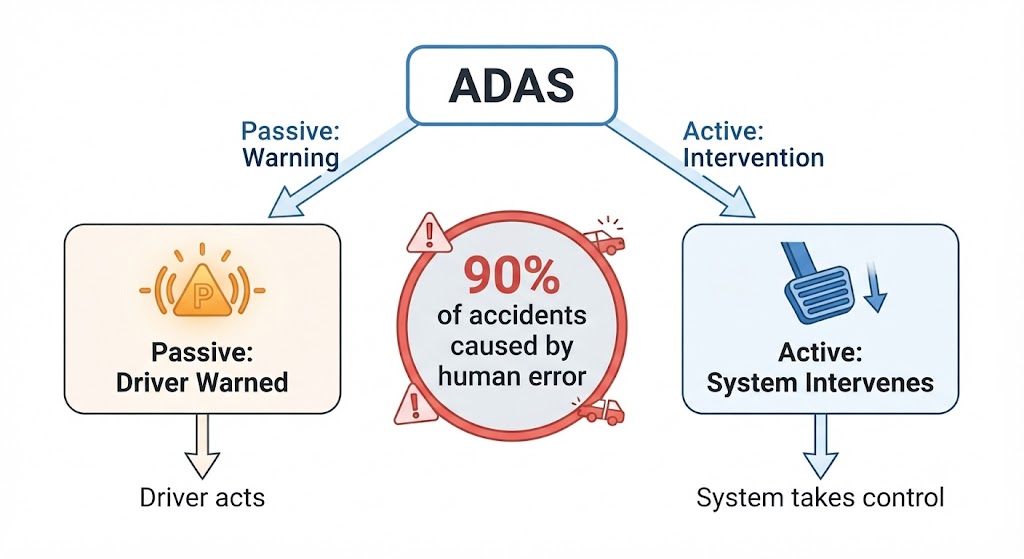 A two-branch diagram stemming from a central "ADAS" node. Left branch: "Passive ADAS" - a dashboard warning icon lights up, then an arrow to "Driver acts". Right branch: "Active ADAS" - a system intervention icon, then an arrow to "System takes control". A prominent callout badge in the centre reads "90% of accidents caused by human error".