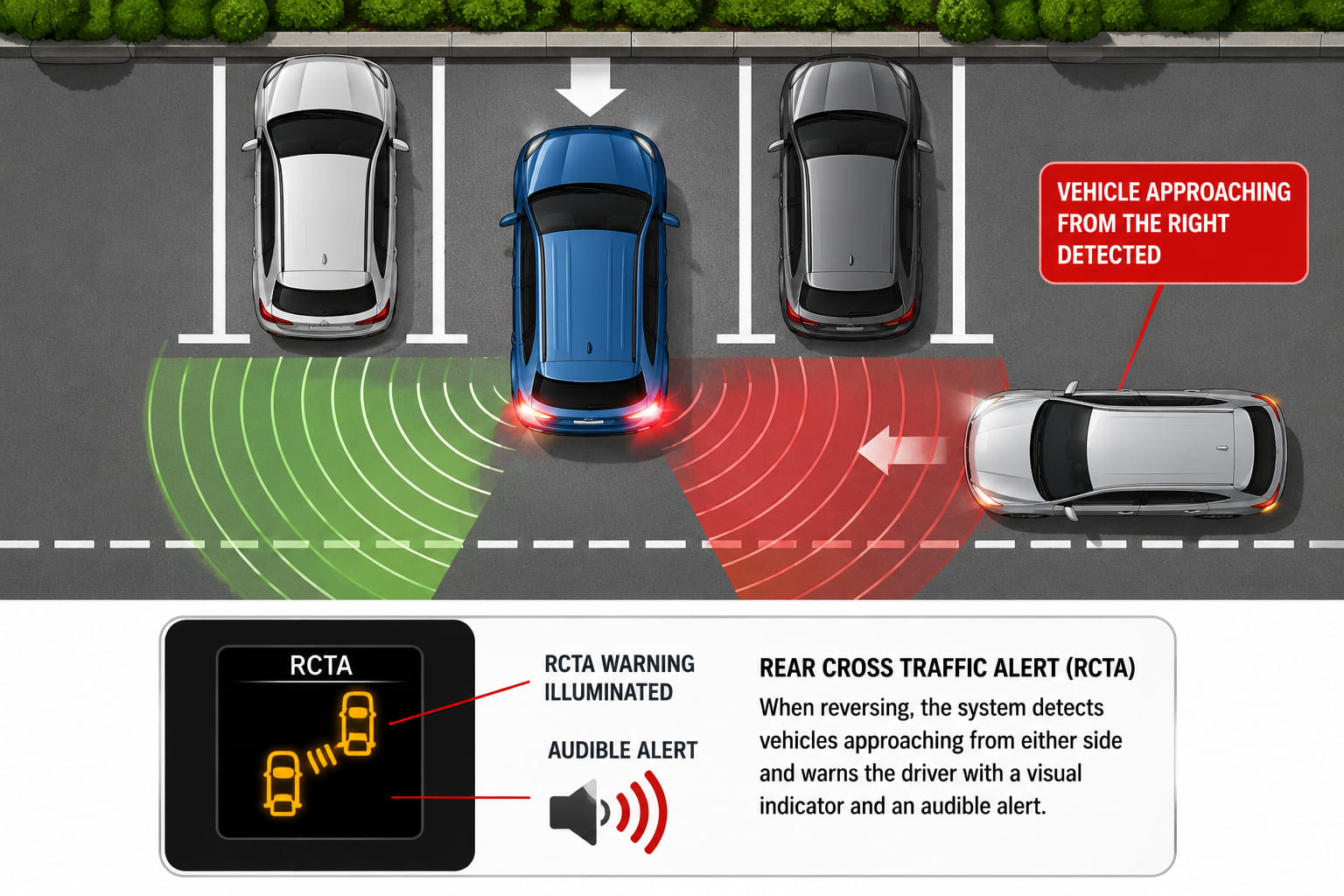 A rear-view diagram of a car reversing out of a parking space. Ultrasonic/radar sweep arcs project outward from the rear bumper in both lateral directions. From the right, another car is approaching along the lane - shown entering the radar sweep zone. A dashboard warning icon (rear cross alert symbol) lights up on an inset instrument cluster, and speaker sound wave icons indicate an audible alert. The reversing car's brake lights are on.