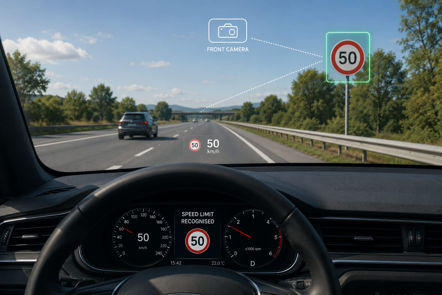 A first-person driver's-eye-view road scene. A 50 km/h speed limit sign stands at the roadside. A front-camera icon is overlaid on the windscreen with a capture cone pointing at the sign. On the instrument cluster in the foreground, the recognised limit "50" appears in a circular sign icon - matching the real sign. A small head-up display ghost shows the same limit projected on the windscreen glass.