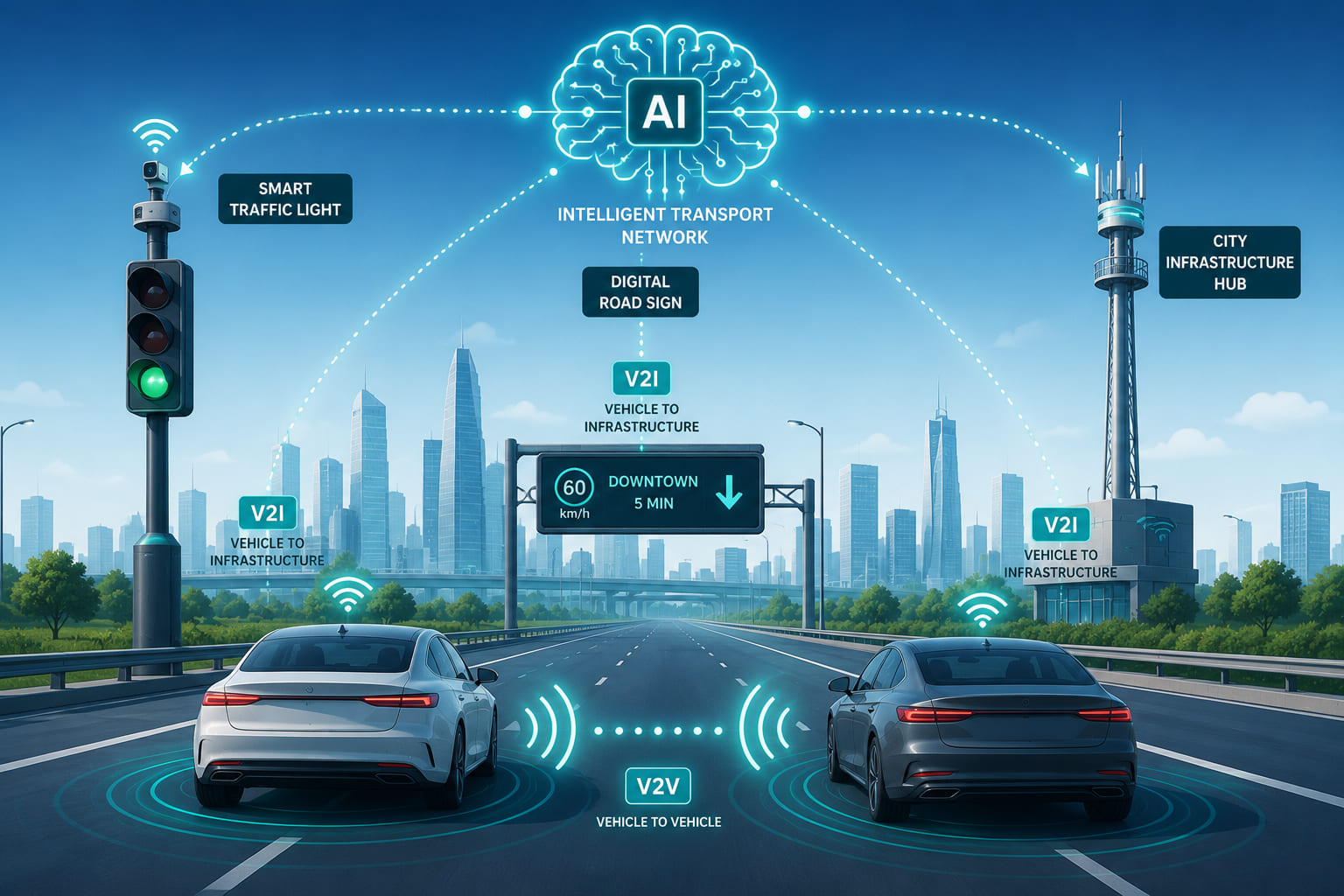 A forward-looking concept illustration. Two cars on a road exchange wireless signal arcs between each other - labelled "V2V". Each car also sends signals upward to a traffic light, a road-sign post, and a city infrastructure hub tower - labelled "V2I". An "AI" brain icon floats above the network. In the distance, a city skyline represents the fully connected smart-city endpoint. Futuristic but clean flat infographic style.
