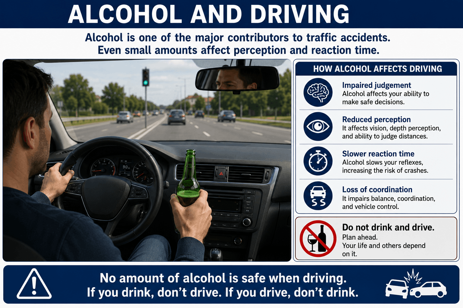 A bold warning graphic showing a glass of alcohol crossed out alongside a car silhouette
