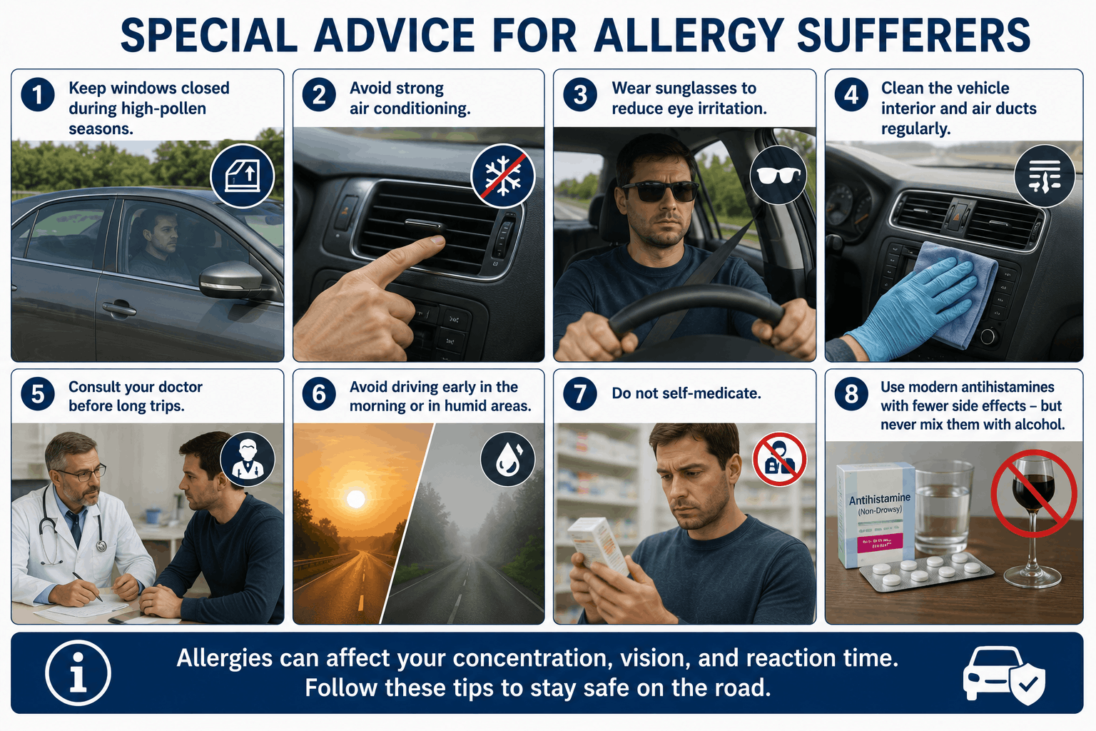 Split image: pollen-heavy spring landscape outside versus a driver inside the car with closed windows and sunglasses
