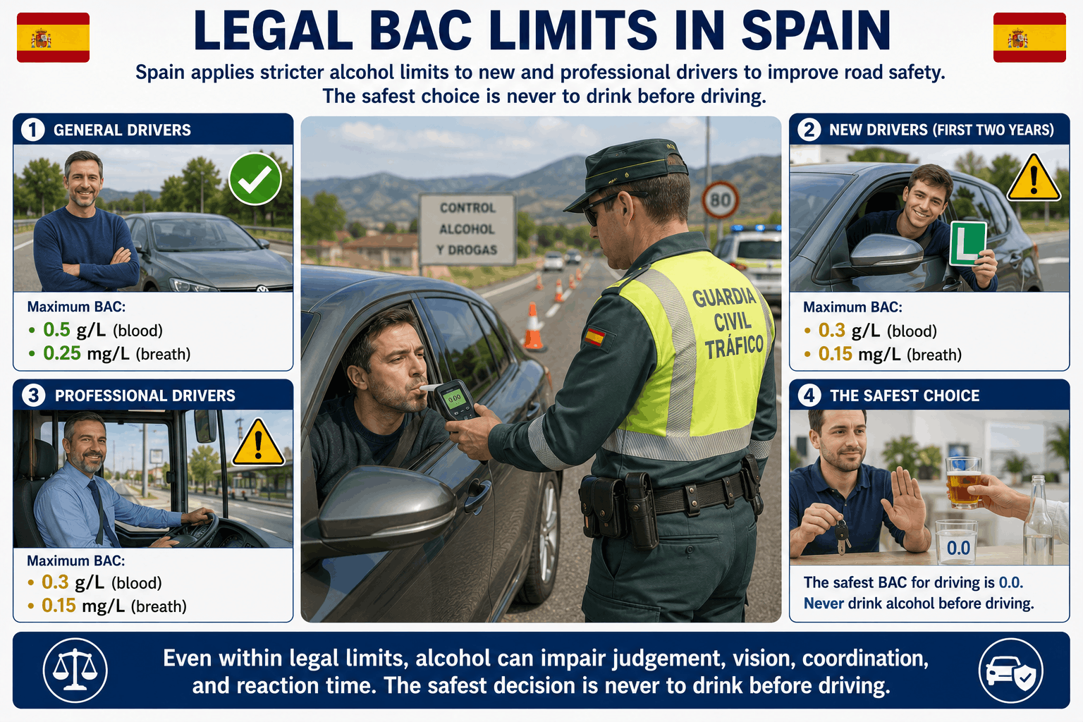 Colour-coded BAC limit card: green for general drivers (0.25 mg/l breath / 0.5 g/l blood) and amber for new and professional drivers (0.15 mg/l / 0.3 g/l), with a breathalyser illustration
