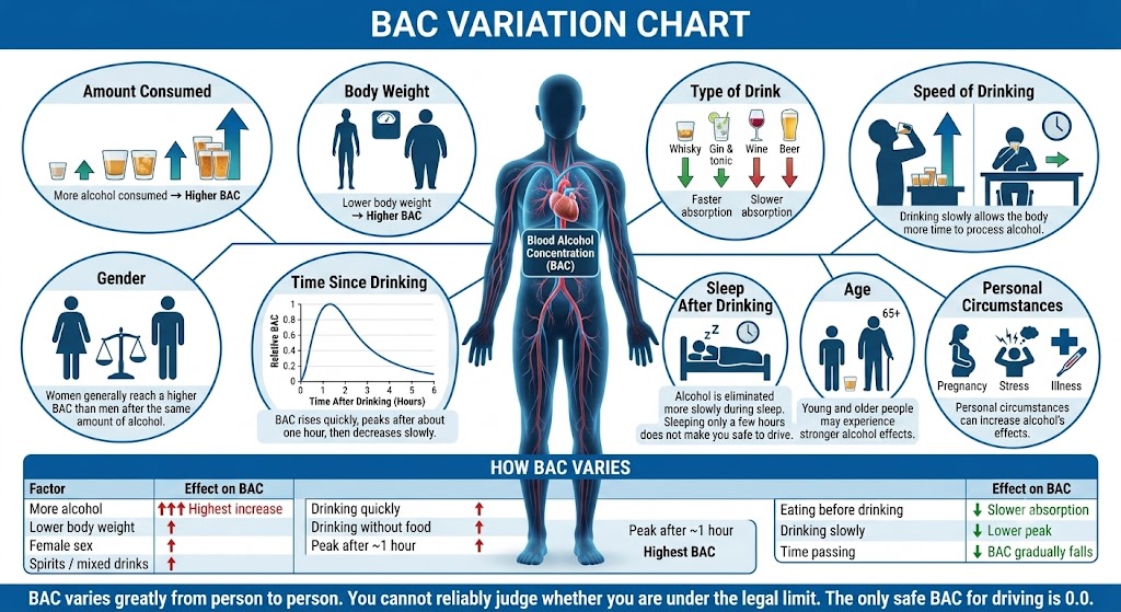 Bar chart showing how BAC varies by body weight, gender, food intake, and time elapsed after drinking