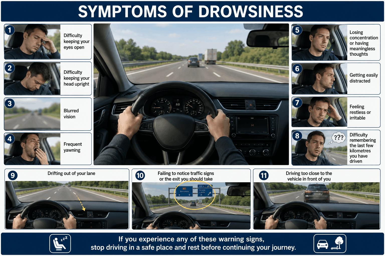 A warning signs visual card styled like a dashboard warning light panel, listing drowsiness symptoms